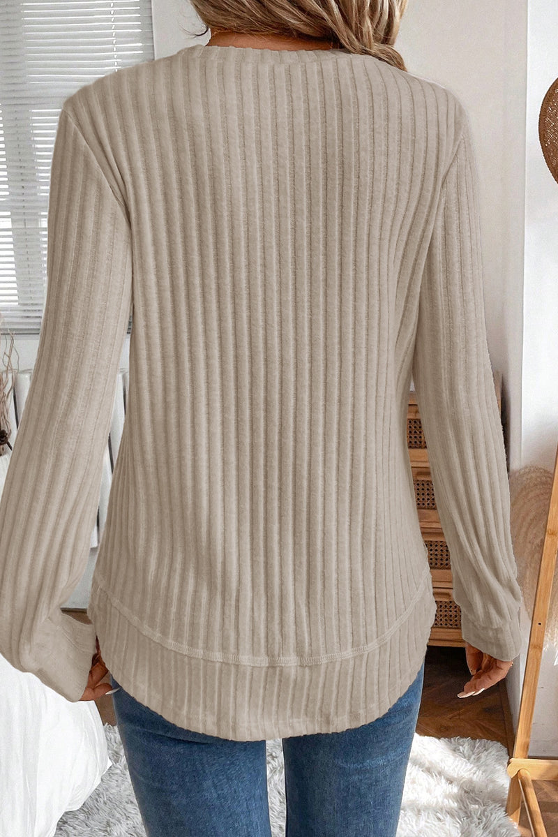 Classy Soft Ribbed (Beige) Long Sleeve Knit Top