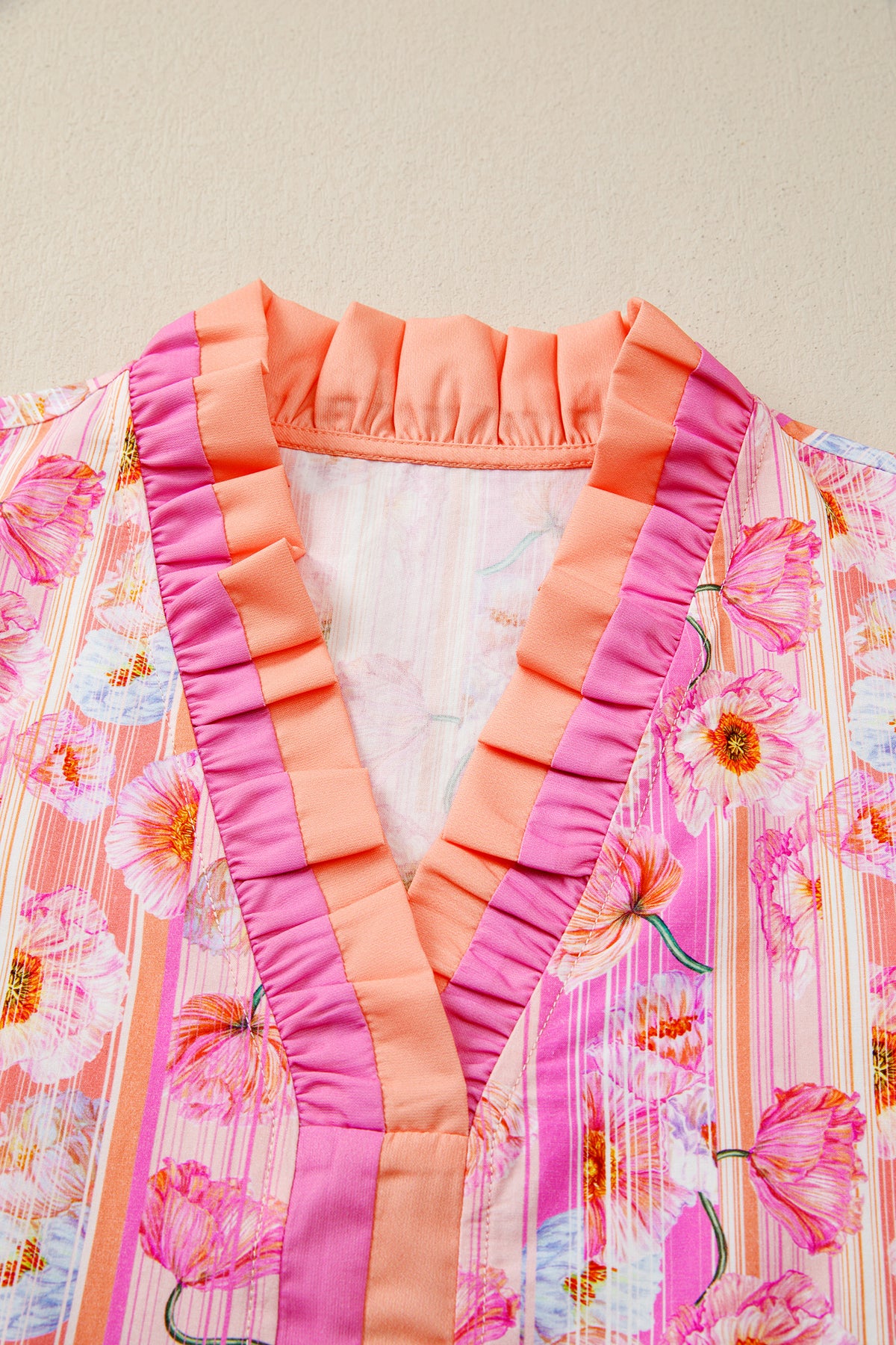 Pink & Orange Floral V-Neck Short Sleeve Top