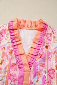 Pink & Orange Floral V-Neck Short Sleeve Top