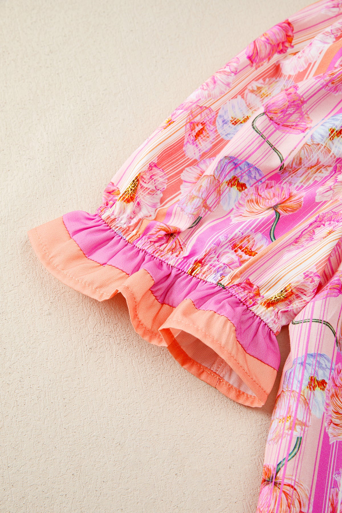 Pink & Orange Floral V-Neck Short Sleeve Top
