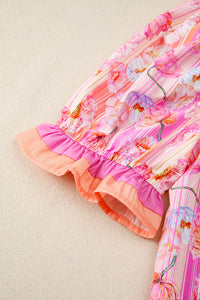 Pink & Orange Floral V-Neck Short Sleeve Top