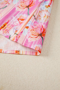 Pink & Orange Floral V-Neck Short Sleeve Top