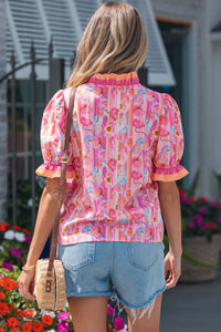 Pink & Orange Floral V-Neck Short Sleeve Top