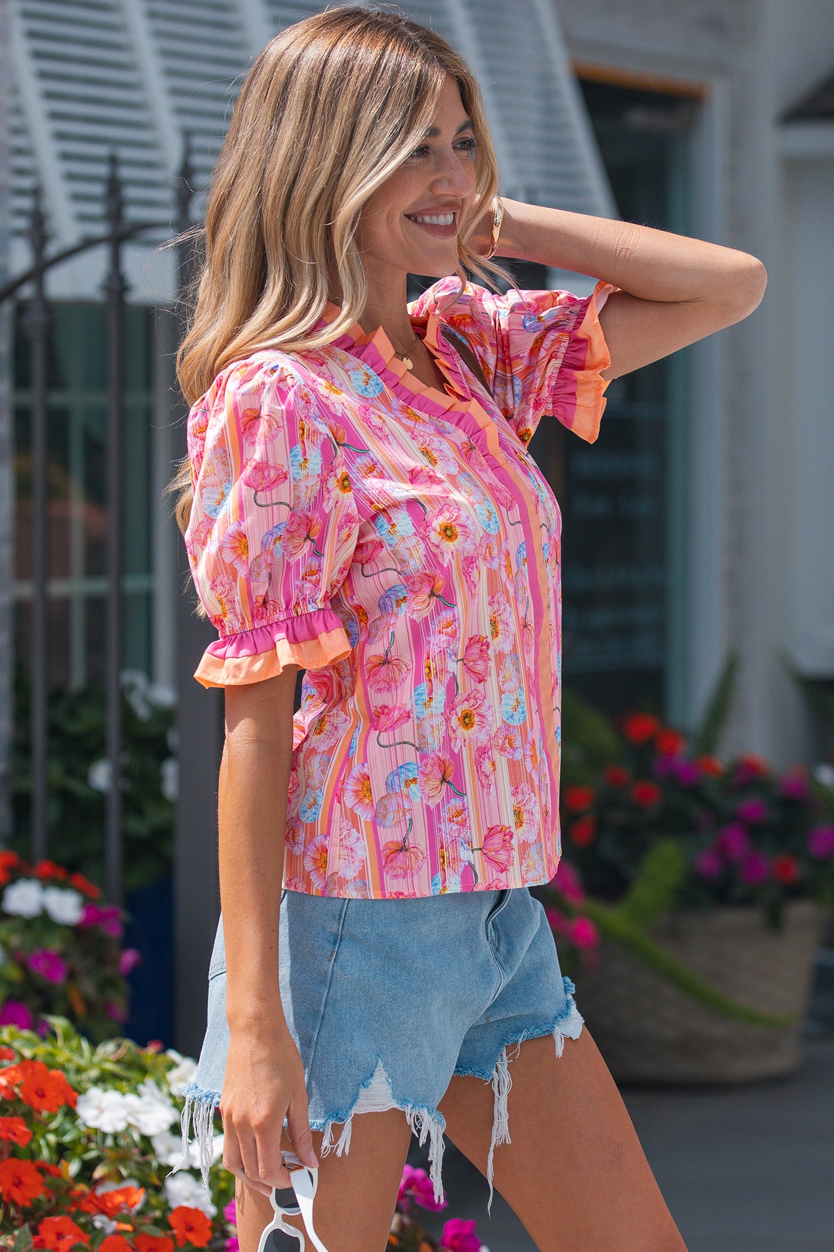 Pink & Orange Floral V-Neck Short Sleeve Top