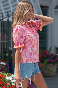 Pink & Orange Floral V-Neck Short Sleeve Top