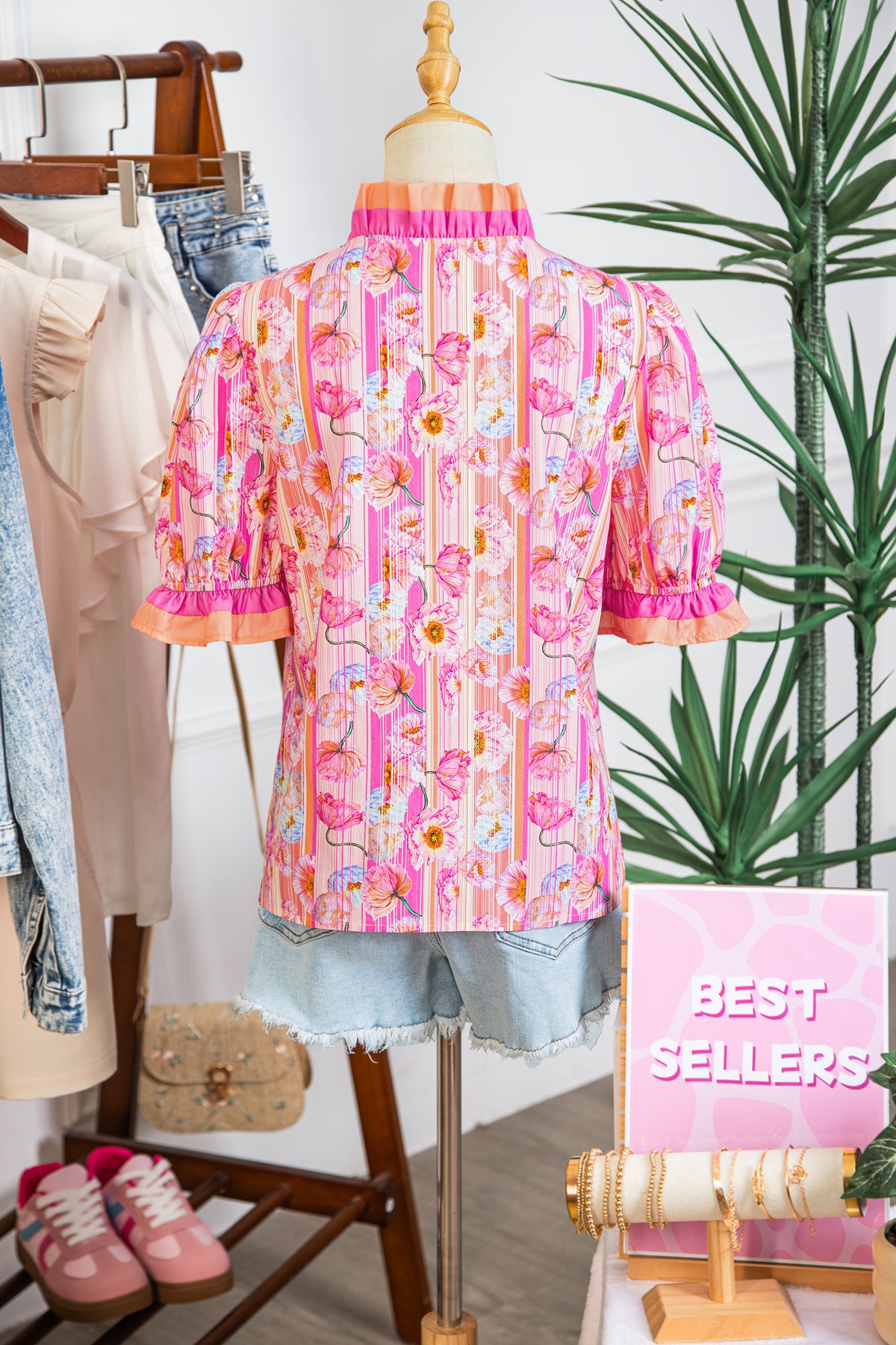 Pink & Orange Floral V-Neck Short Sleeve Top