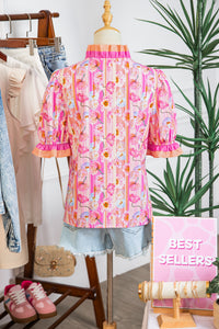 Pink & Orange Floral V-Neck Short Sleeve Top