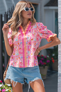 Pink & Orange Floral V-Neck Short Sleeve Top