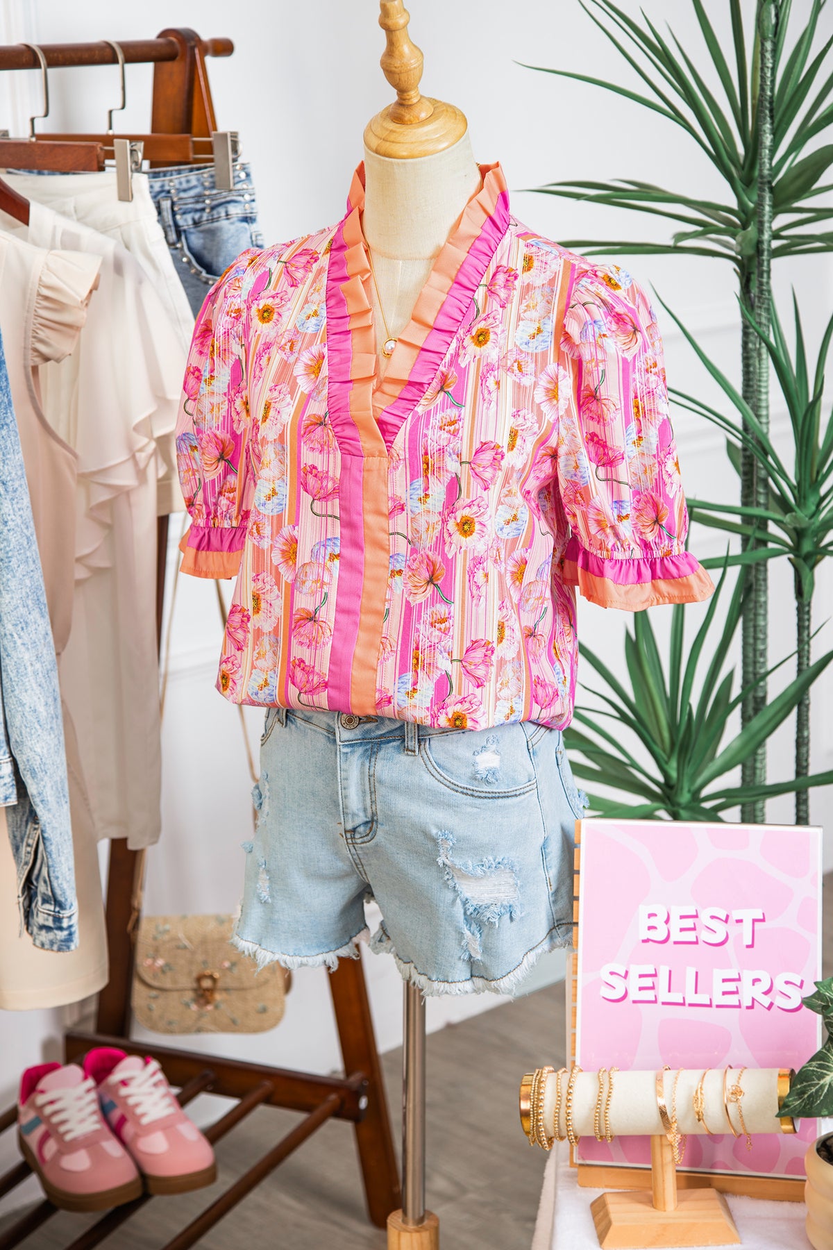 Pink & Orange Floral V-Neck Short Sleeve Top