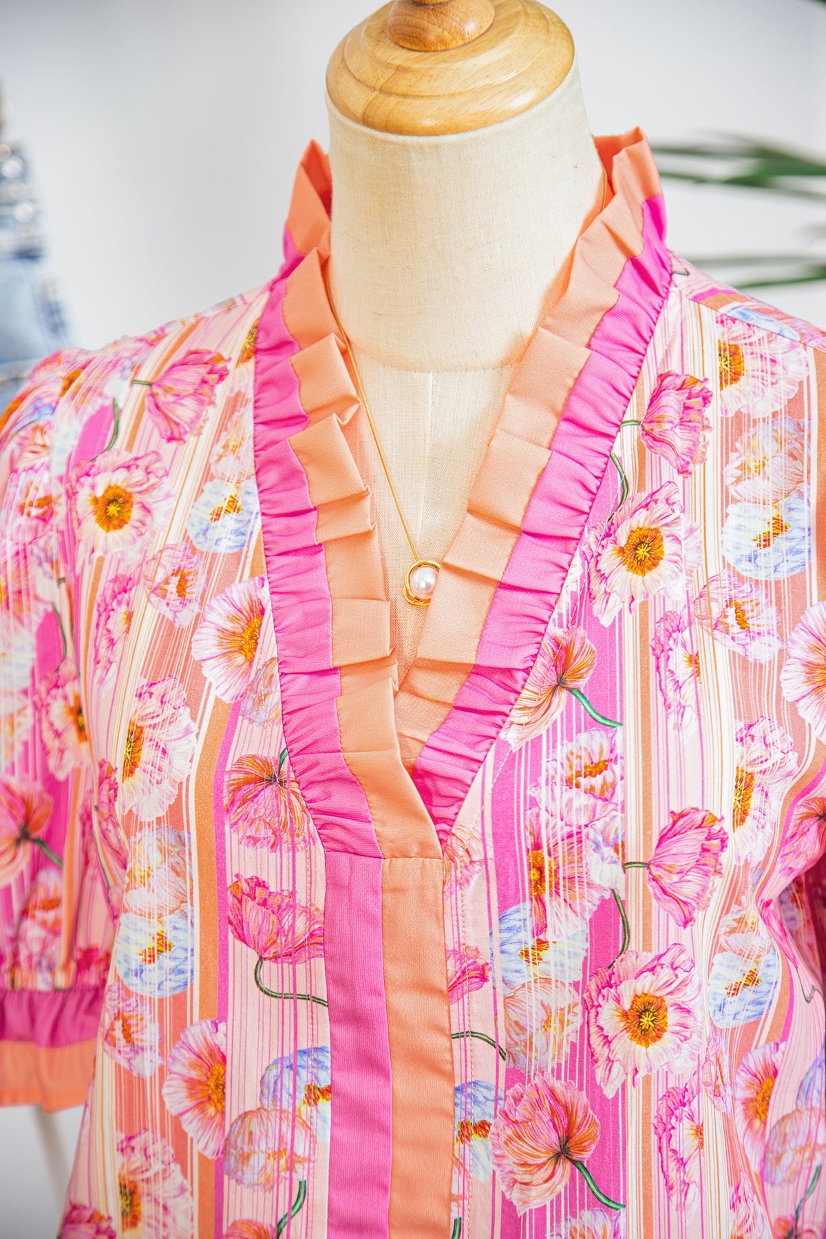 Pink & Orange Floral V-Neck Short Sleeve Top
