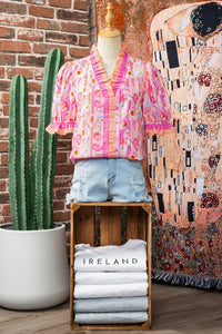 Pink & Orange Floral V-Neck Short Sleeve Top