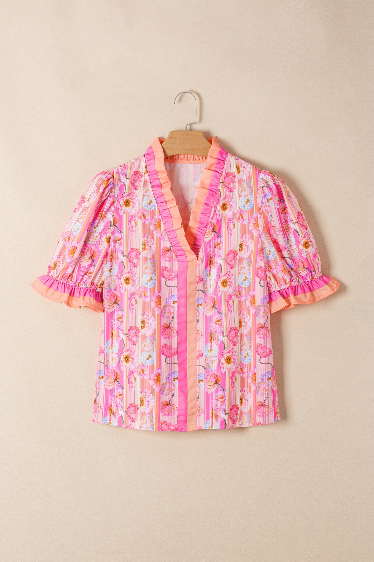 Pink & Orange Floral V-Neck Short Sleeve Top