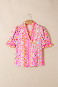 Pink & Orange Floral V-Neck Short Sleeve Top