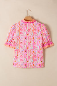 Pink & Orange Floral V-Neck Short Sleeve Top