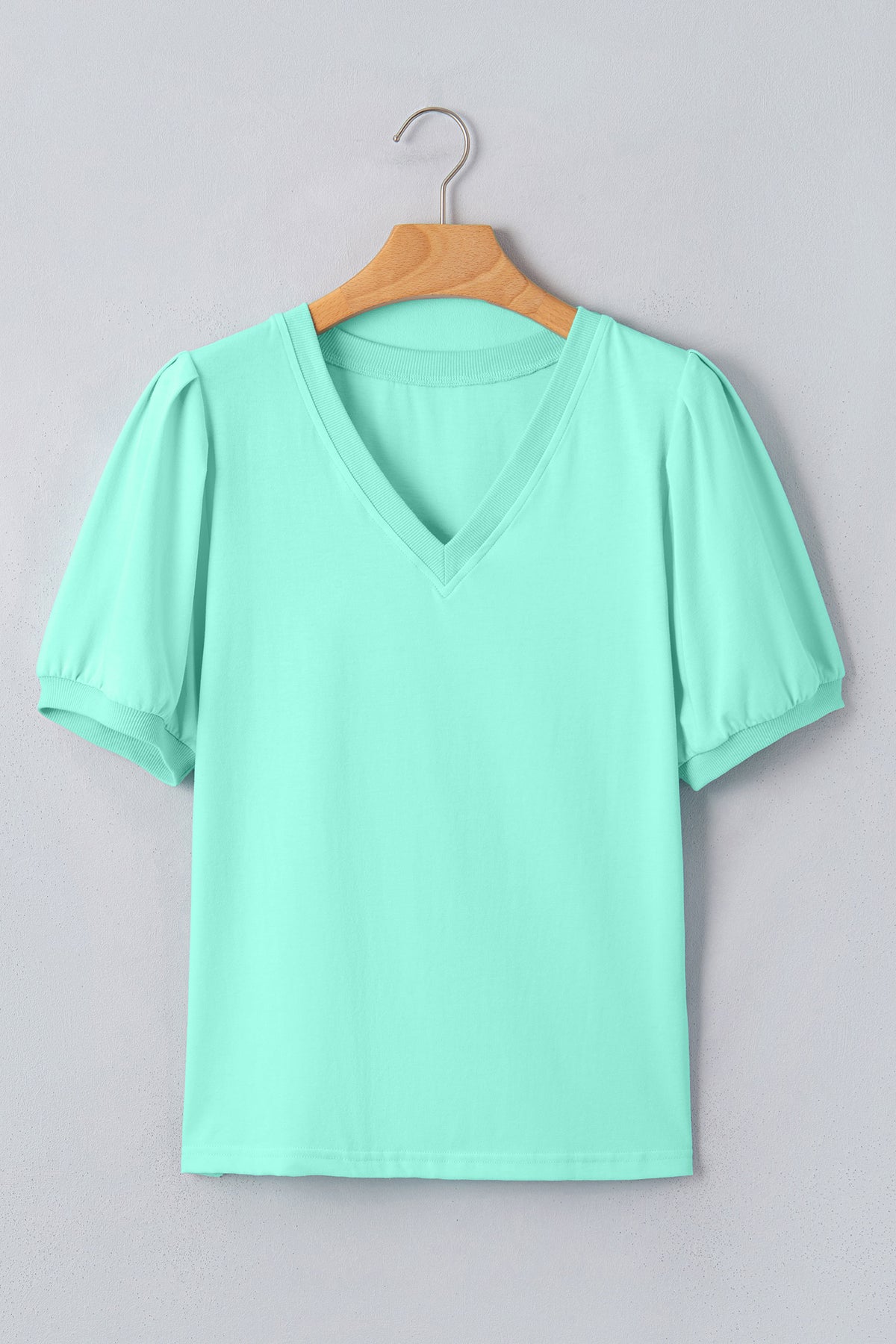 Mint Green V-Neck Puff-Sleeve Top