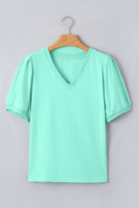 Mint Green V-Neck Puff-Sleeve Top