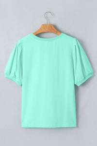 Mint Green V-Neck Puff-Sleeve Top