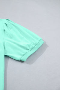 Mint Green V-Neck Puff-Sleeve Top