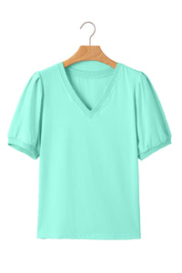 Mint Green V-Neck Puff-Sleeve Top