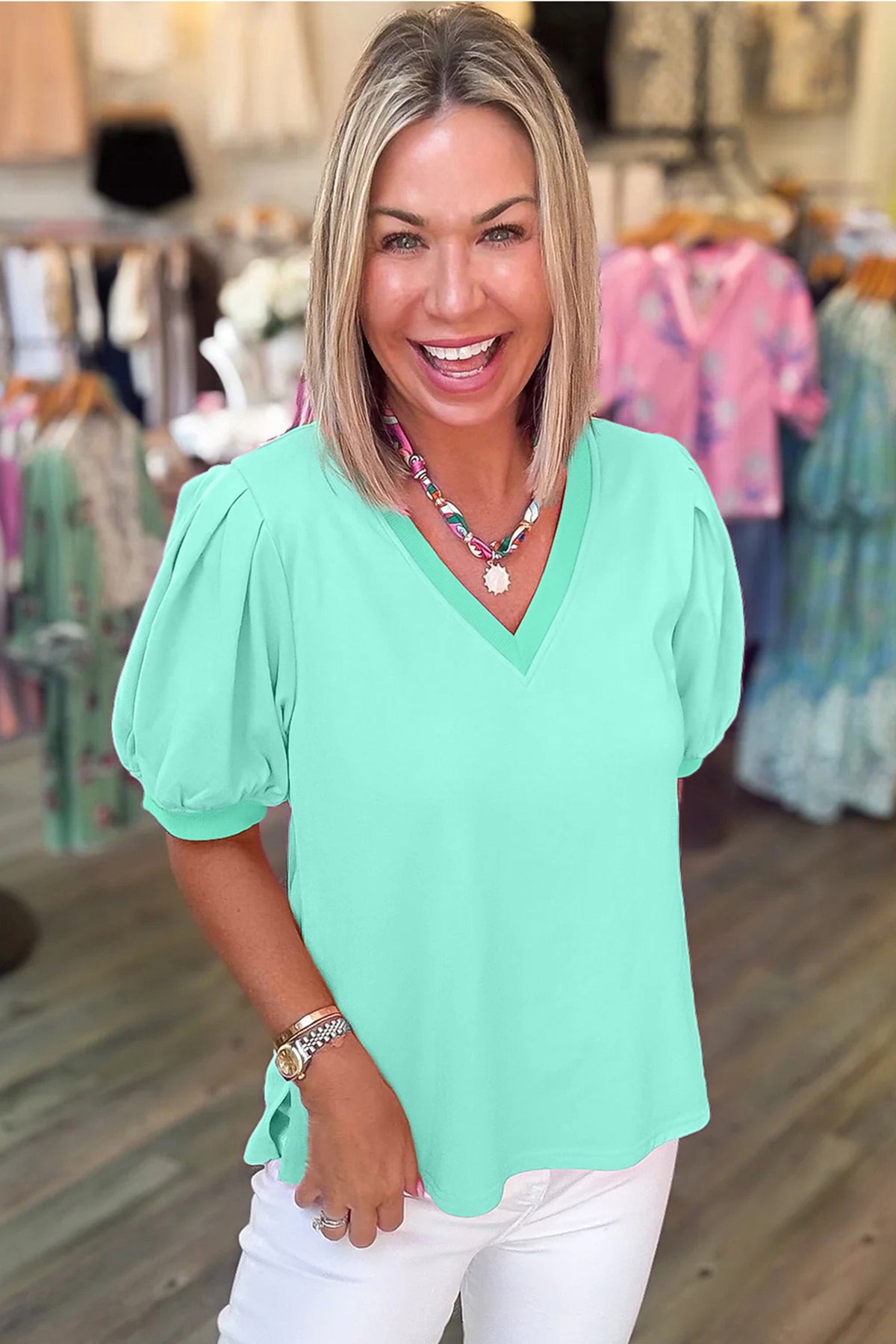 Mint Green V-Neck Puff-Sleeve Top
