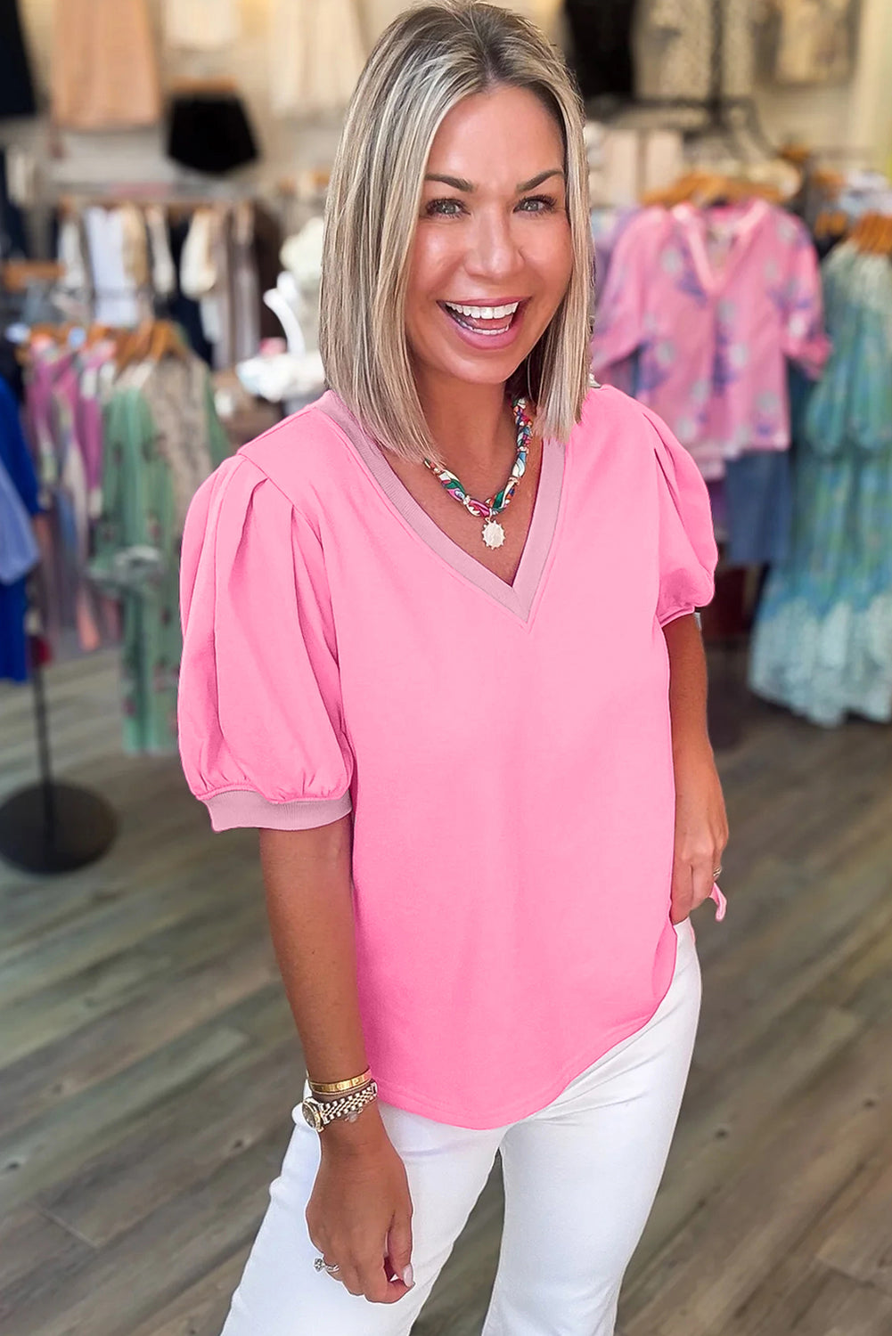 Candy (Pink) V-Neck Puff-Sleeve Top