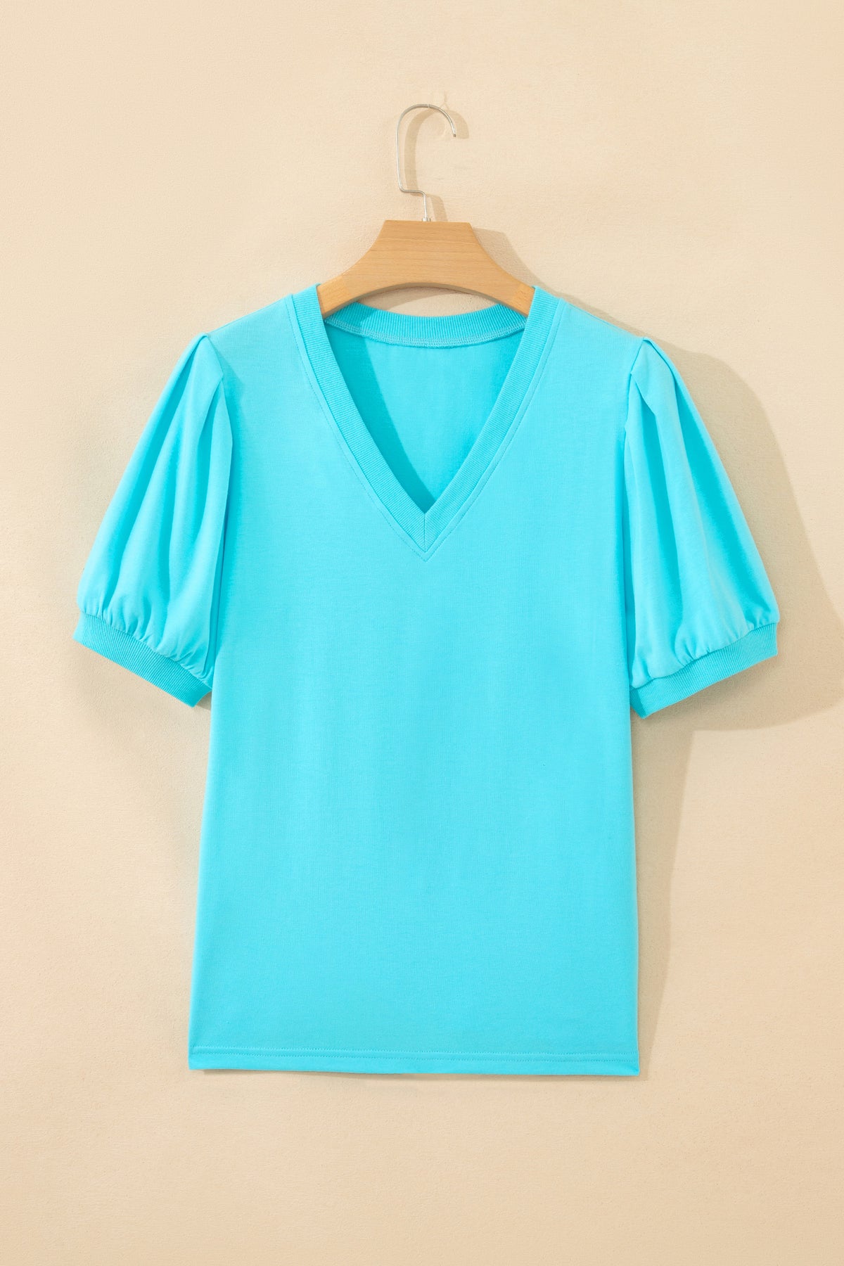 Sky Blue V-Neck Puff-Sleeve Top