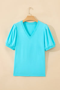 Sky Blue V-Neck Puff-Sleeve Top