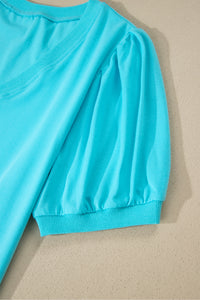 Sky Blue V-Neck Puff-Sleeve Top