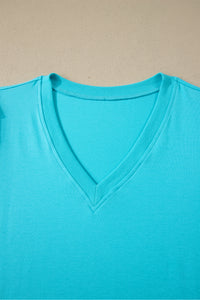 Sky Blue V-Neck Puff-Sleeve Top