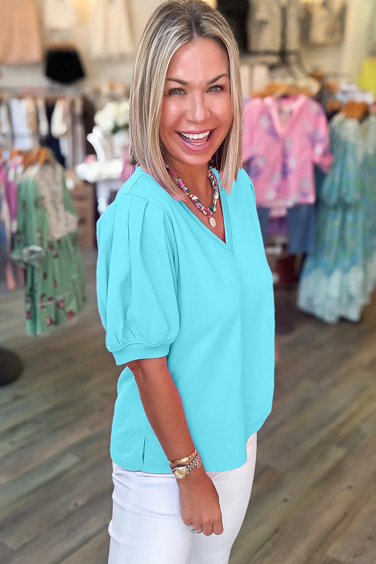 Sky Blue V-Neck Puff-Sleeve Top