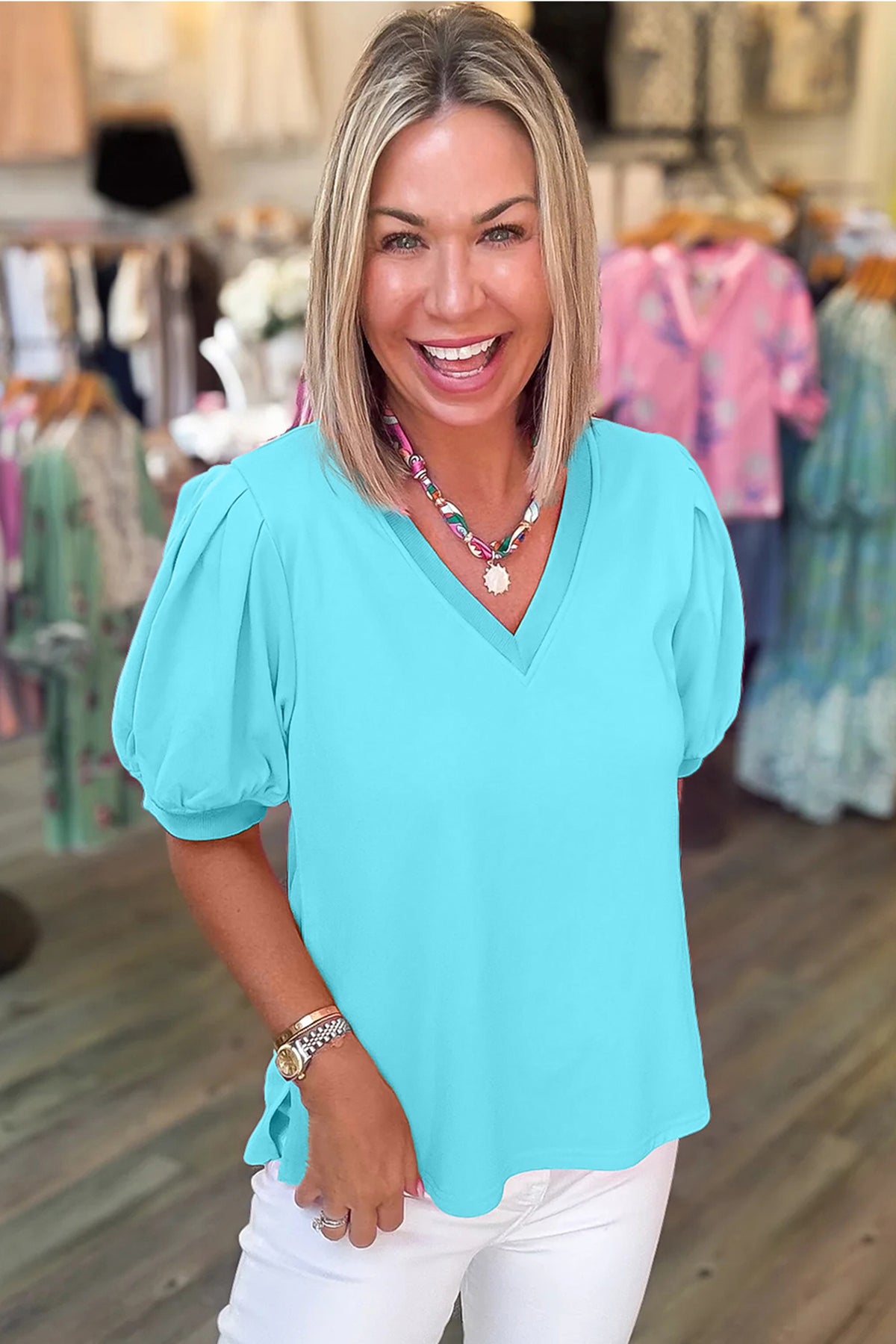 Sky Blue V-Neck Puff-Sleeve Top