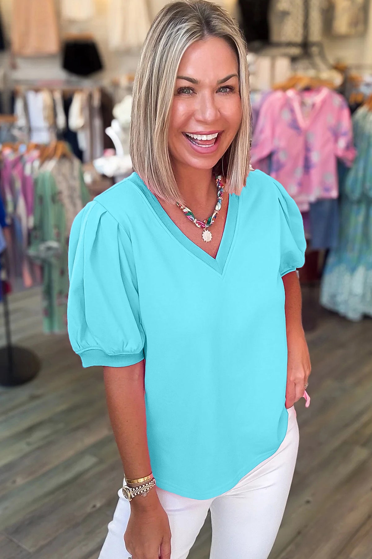 Sky Blue V-Neck Puff-Sleeve Top