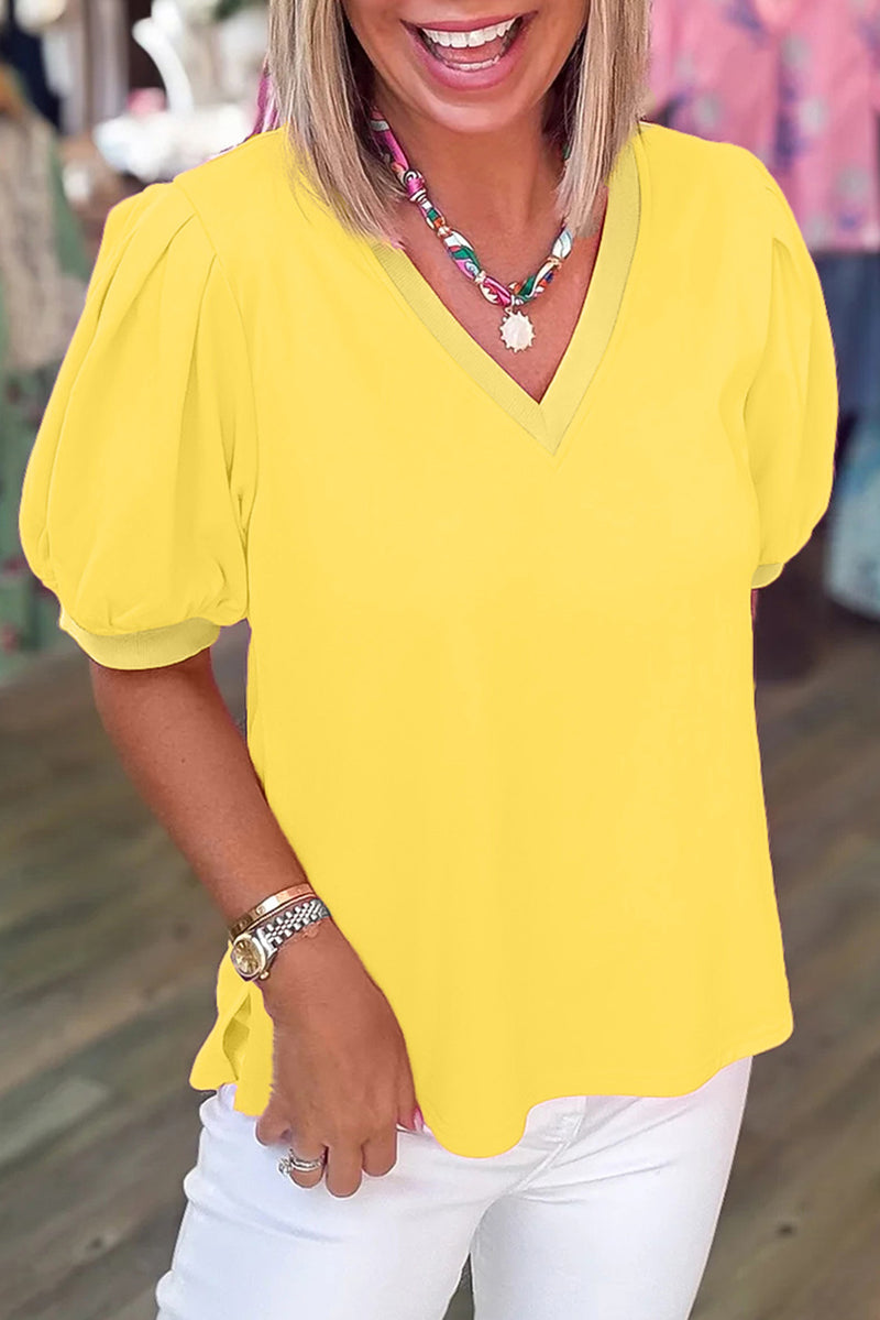 Bright Yellow V-Neck Puff-Sleeve Top