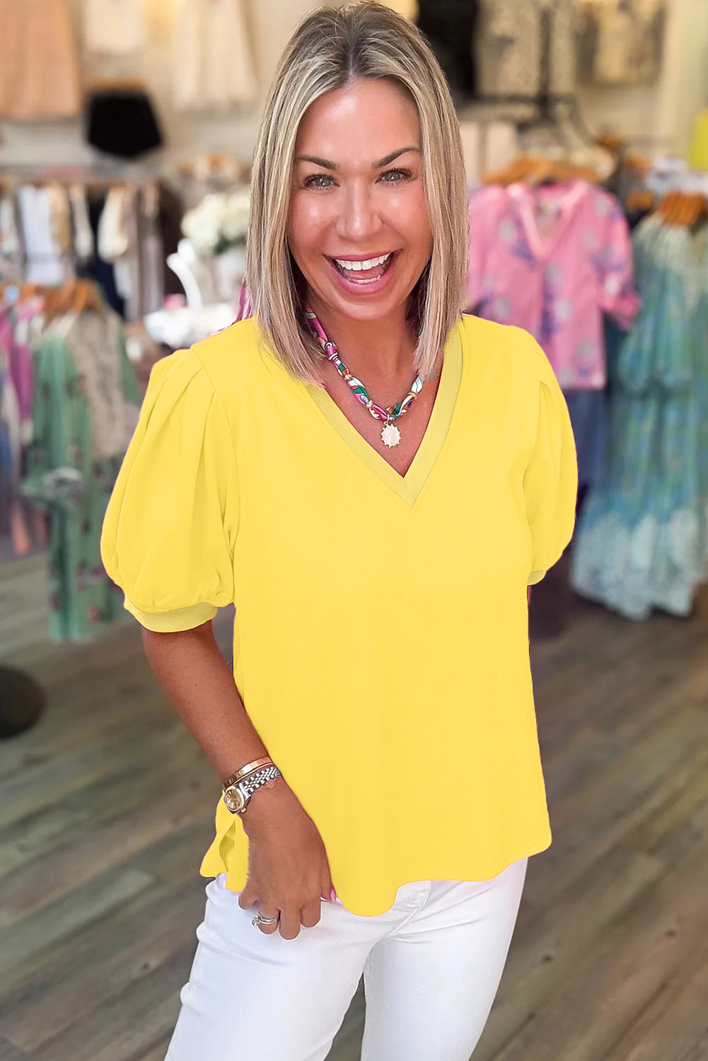 Bright Yellow V-Neck Puff-Sleeve Top