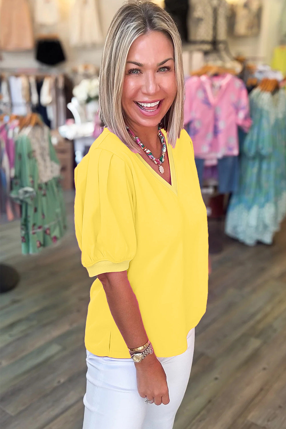 Bright Yellow V-Neck Puff-Sleeve Top