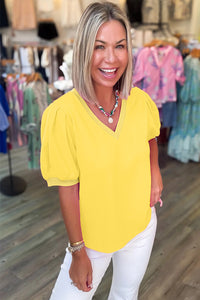 Bright Yellow V-Neck Puff-Sleeve Top