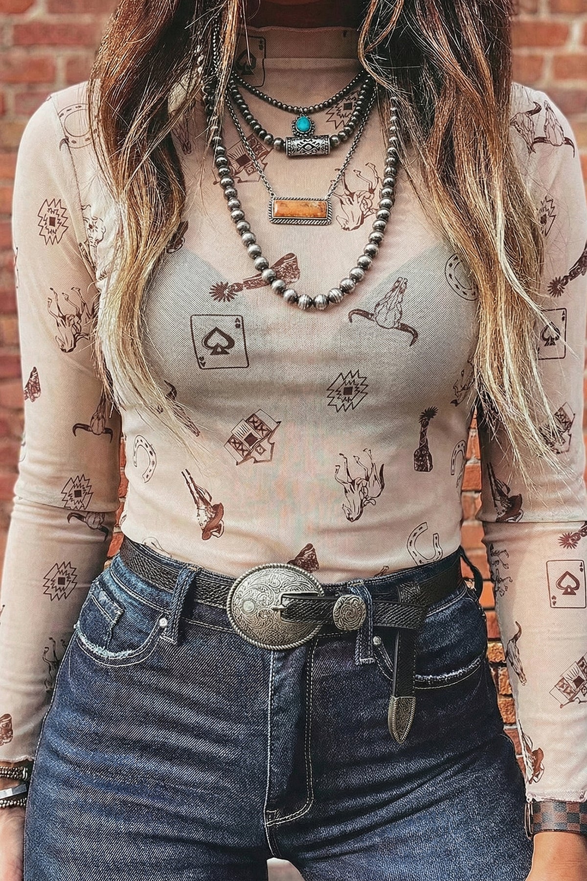 Western-Print Mock Neck Mesh Top