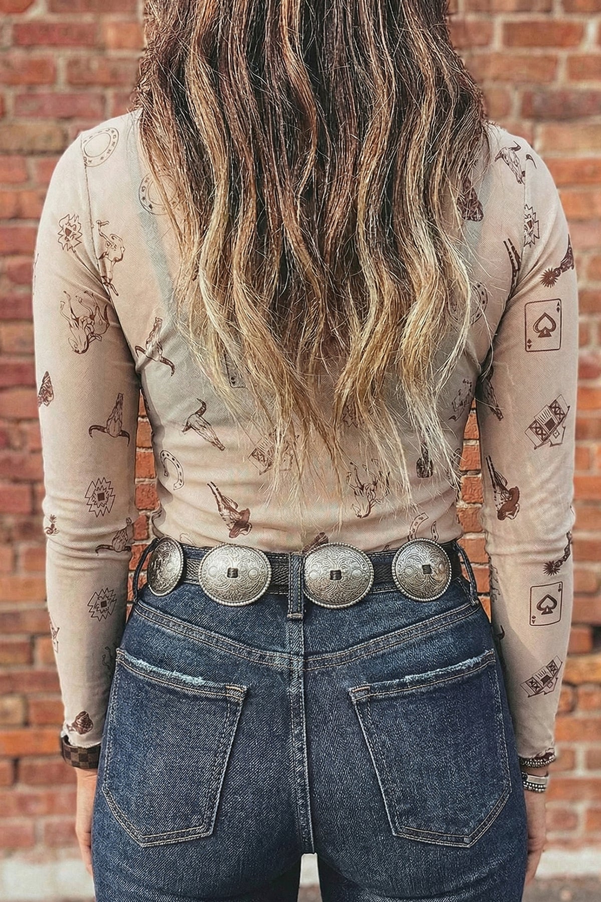 Western-Print Mock Neck Mesh Top