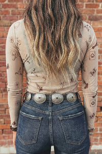Western-Print Mock Neck Mesh Top