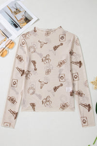 Western-Print Mock Neck Mesh Top