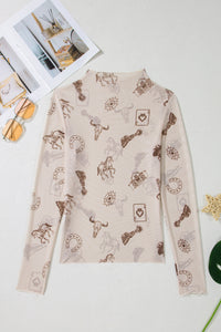 Western-Print Mock Neck Mesh Top