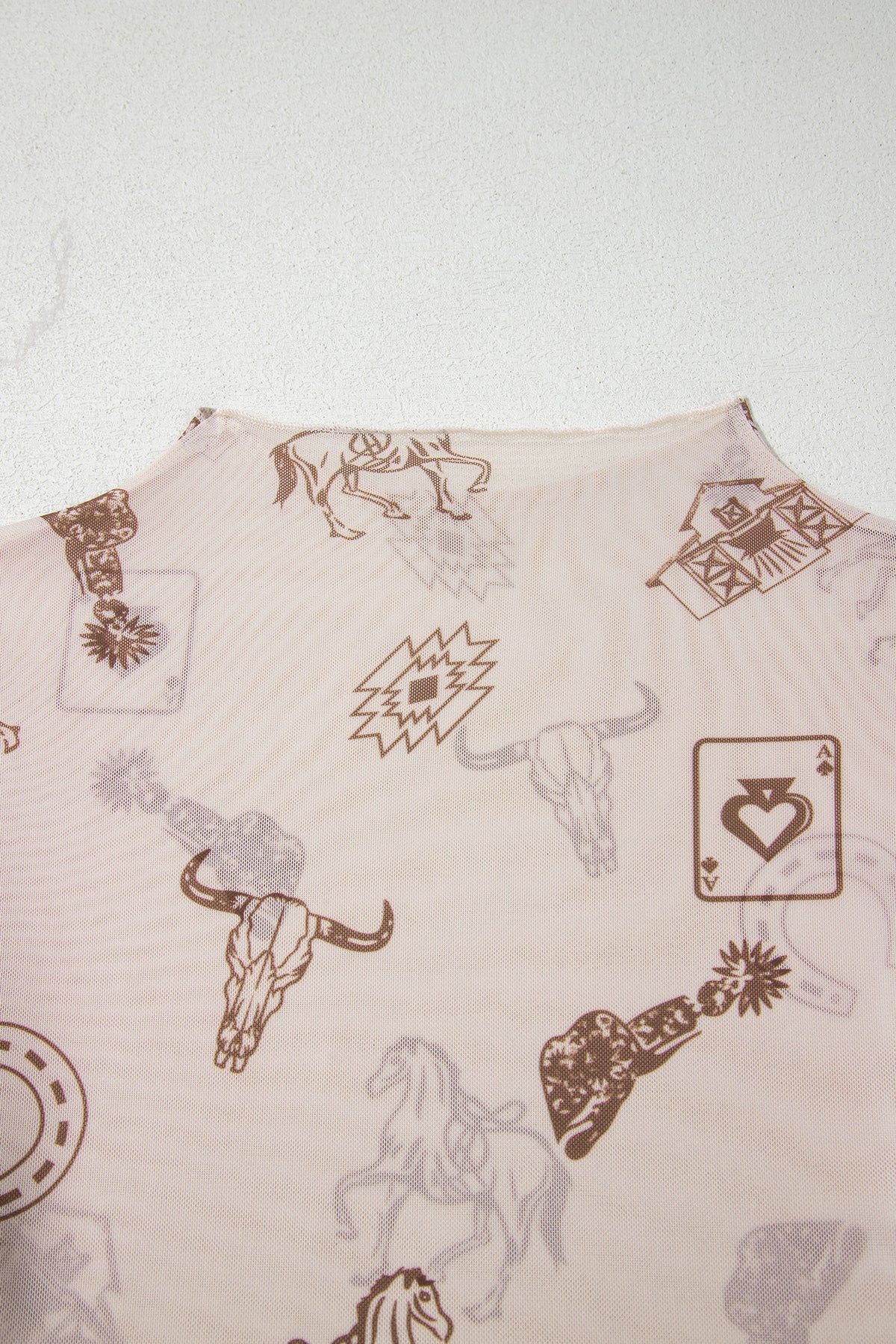Western-Print Mock Neck Mesh Top