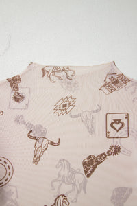 Western-Print Mock Neck Mesh Top