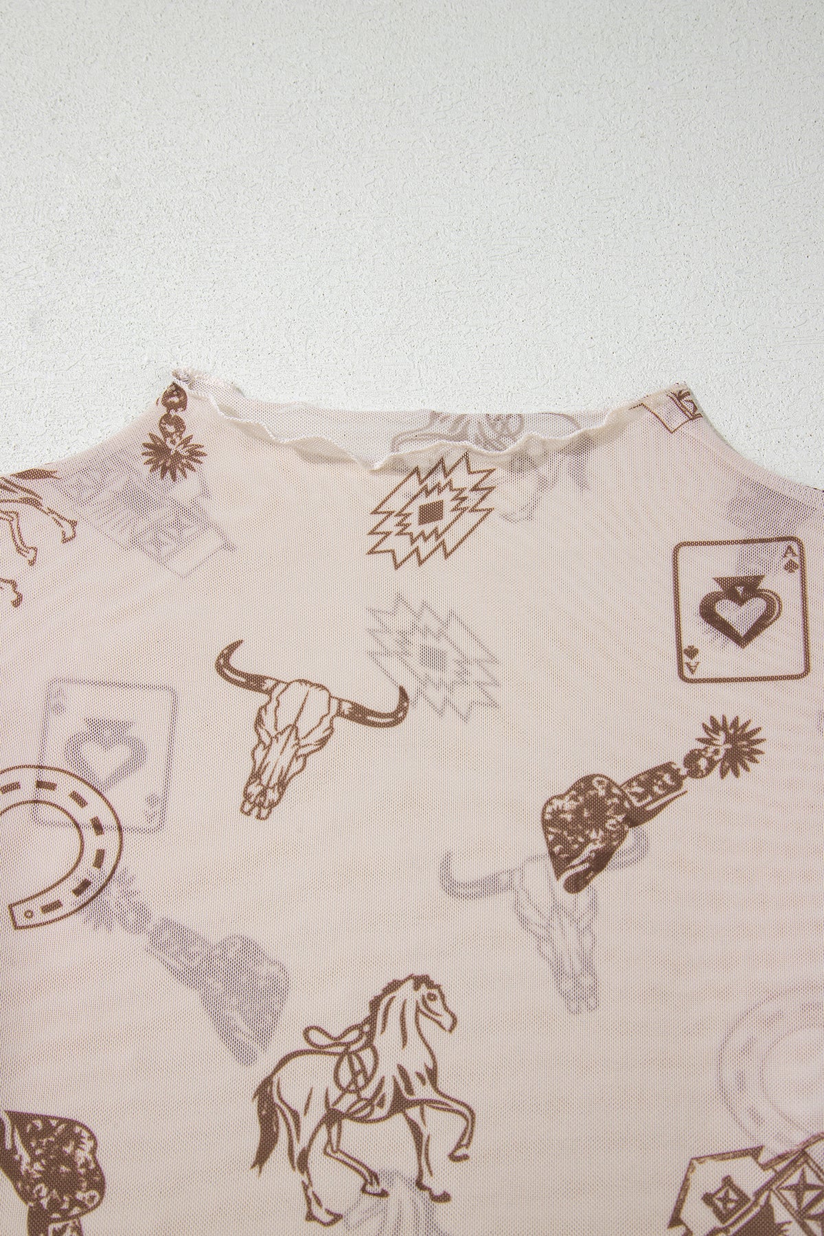 Western-Print Mock Neck Mesh Top