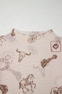 Western-Print Mock Neck Mesh Top