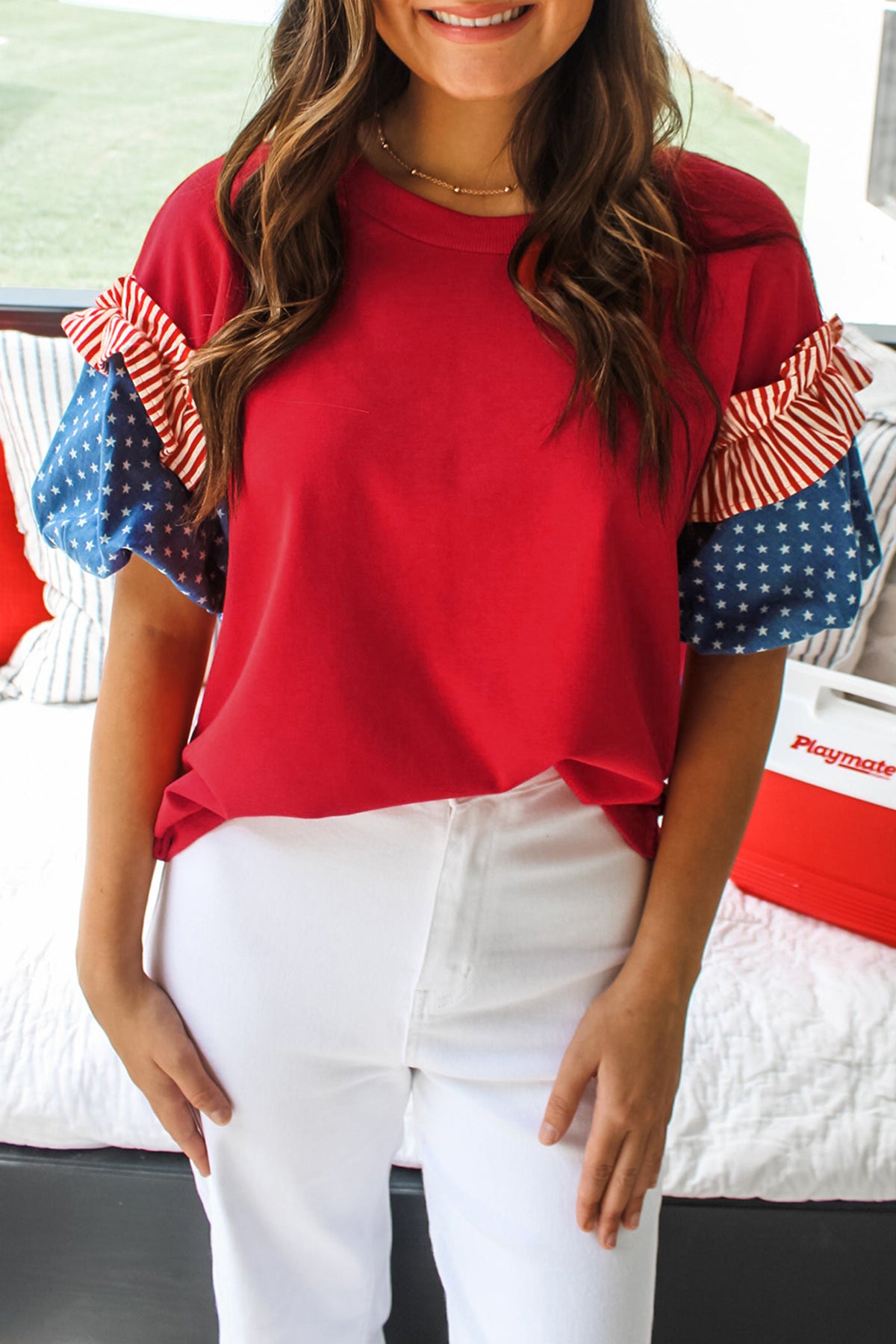 Cotton Red Patriotic Stars and Stripes Puff Sleeve Top
