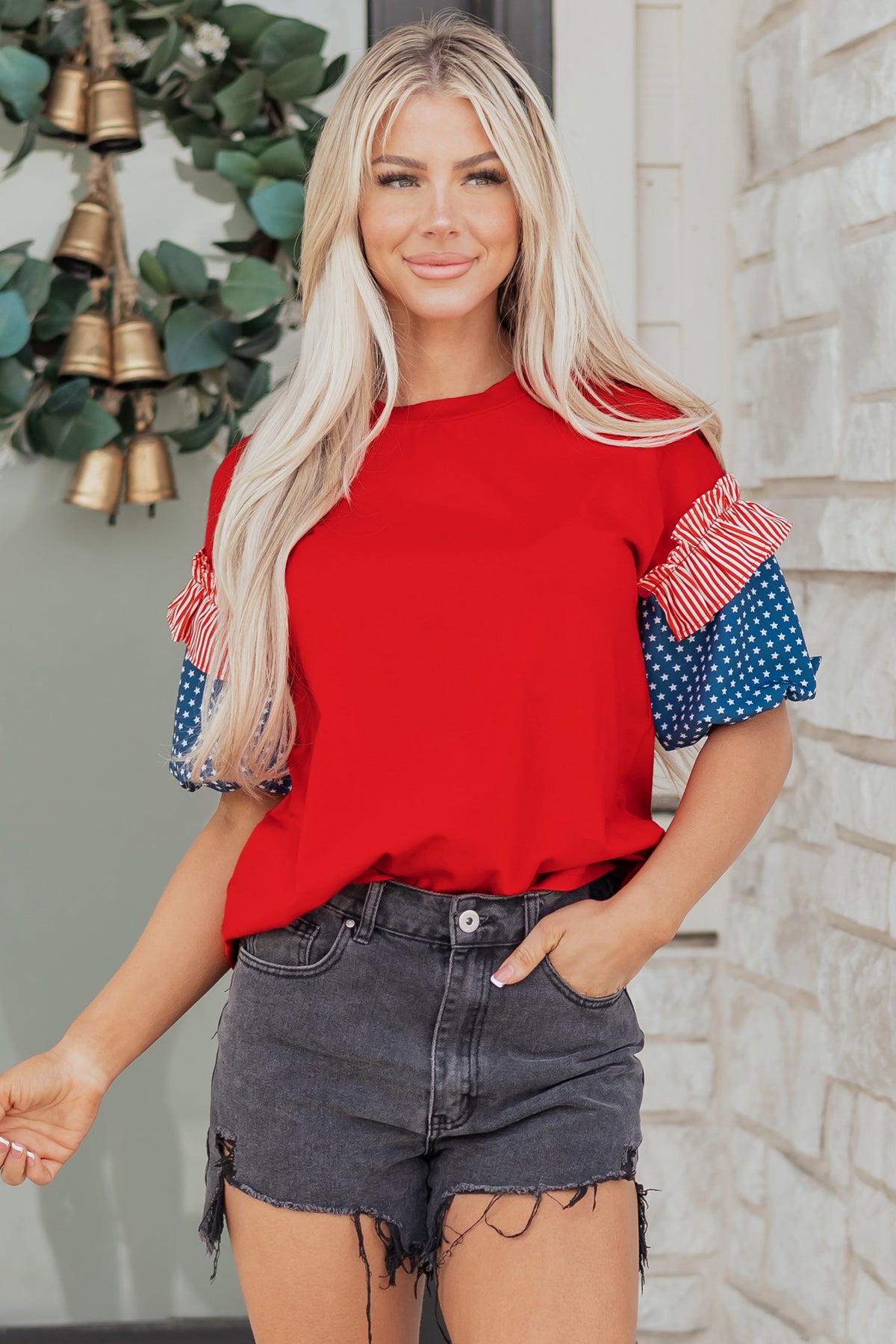 Cotton Red Patriotic Stars and Stripes Puff Sleeve Top