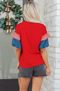 Cotton Red Patriotic Stars and Stripes Puff Sleeve Top