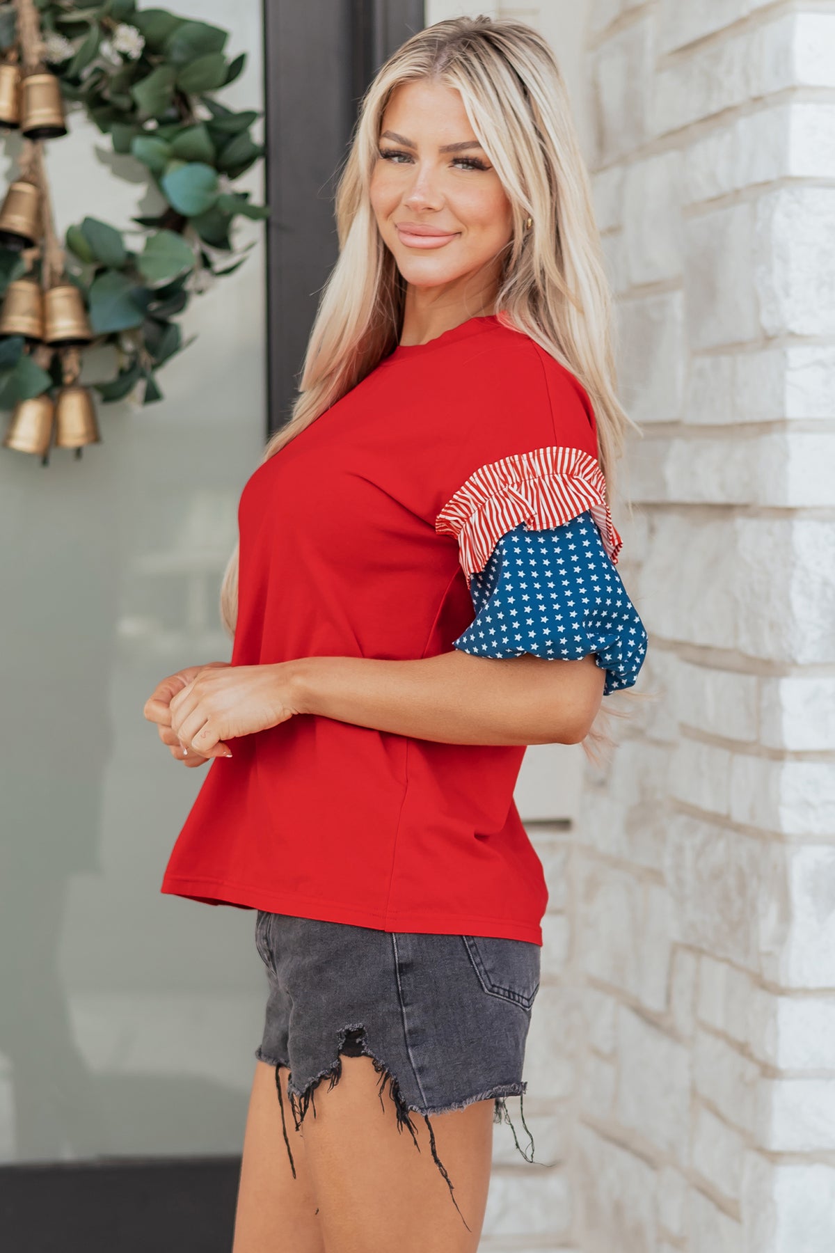 Cotton Red Patriotic Stars and Stripes Puff Sleeve Top