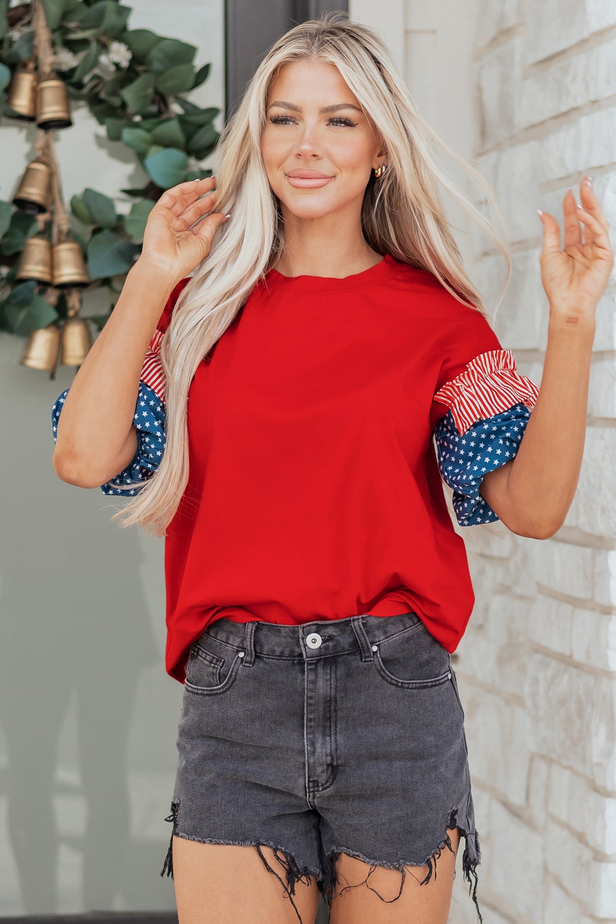 Cotton Red Patriotic Stars and Stripes Puff Sleeve Top